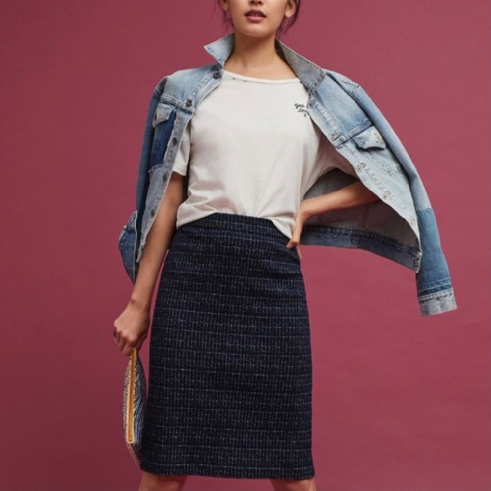 Anthropologie Maeve Printed Pencil Skirt Size Medium Stretch Blue Career Midi M